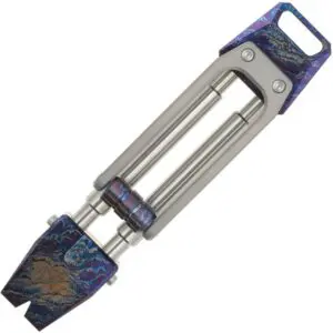 A blue and silver handheld vegetable peeler with a comfortable grip.