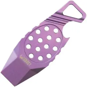 Purple handheld herb grinder with holes and a triangular handle.
