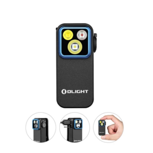 Compact Olight flashlight with multiple LED options and a clip.