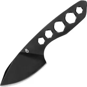 Compact black knife with holes in handle for grip.