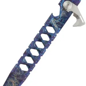 A close-up of a katana sword handle with a blue and black braided wrap.