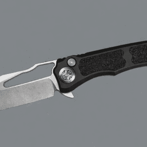 A sleek folding knife with a partially serrated blade.