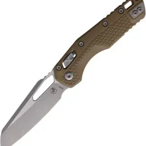 A folding pocket knife with a brown textured handle and a metallic blade.