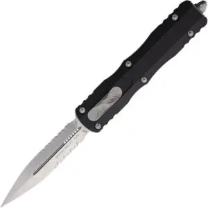 A sleek black automatic knife with a pointed blade.
