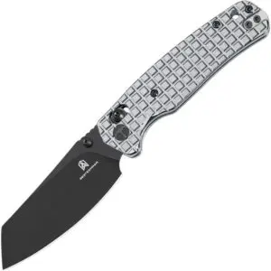Folding knife with a black blade and checkered handle.
