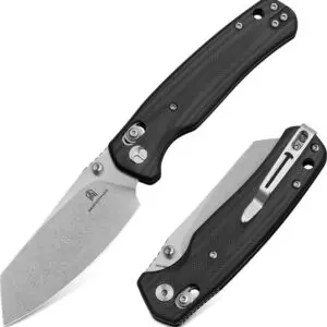 Two views of a folding pocket knife with a black handle and silver blade.