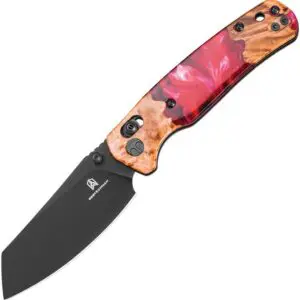A folding pocket knife with a colorful handle and black blade.