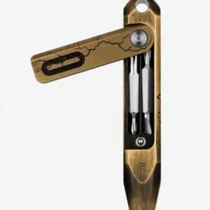 Old wooden tool with a metal lever and a glass tube.