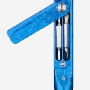 A blue multitool with screwdriver bits.