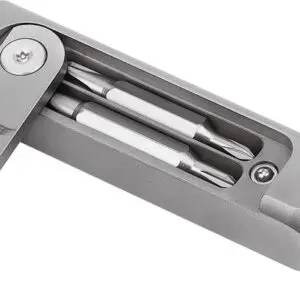 Close-up of a metallic multi-tool with screwdriver bits.