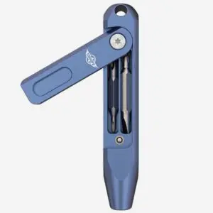 Blue multi-tool with foldable components and a sleek design.