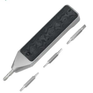 A precision screwdriver with interchangeable bits and a black handle.
