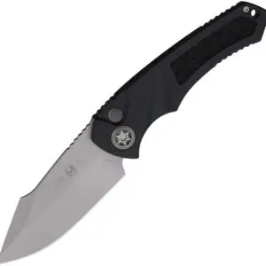 A sleek folding knife with a black handle and silver blade.