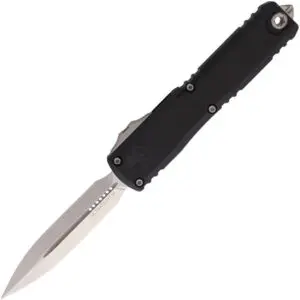 A sleek black automatic knife with a sharp silver blade.