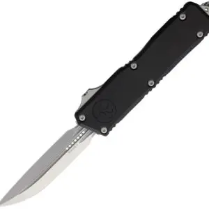 A sleek black automatic folding knife with a sharp silver blade.
