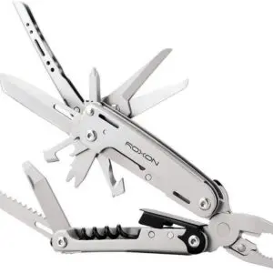 Multi-tool with various foldable tools including blades, screwdrivers, and pliers.