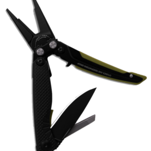 Black multitool with pliers and knife blades.
