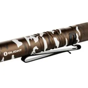 Camouflage-patterned tactical flashlight with clip attachment.