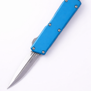 A blue automatic knife with a slender blade.