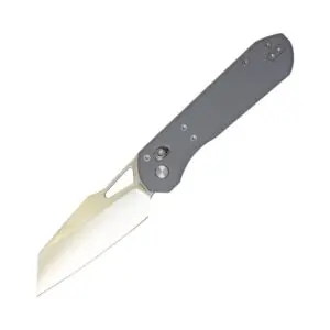 A compact folding knife with a black handle and a sharp blade.