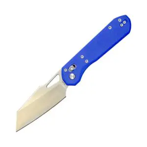 A utility knife with a blue handle and a sharp blade.