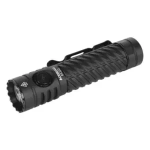 Compact black tactical flashlight with textured grip and multiple brightness settings.