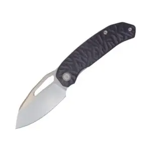 Compact folding knife with a textured black handle and a wide, sharp blade.