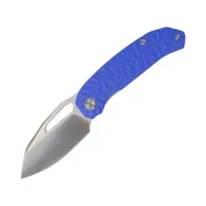 Compact folding knife with blue textured handle and stainless steel blade.