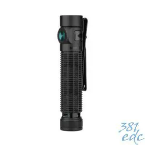 Olight Baton 4 Pro matte black EDC flashlight angled view showing side switch, pocket clip, and knurling pattern
