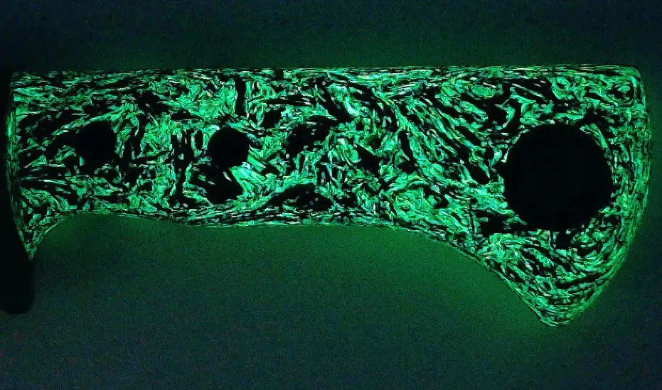 Dark Matter carbon glow handle glowing bright green in the dark on Fire Creek Forge Wharncliffe