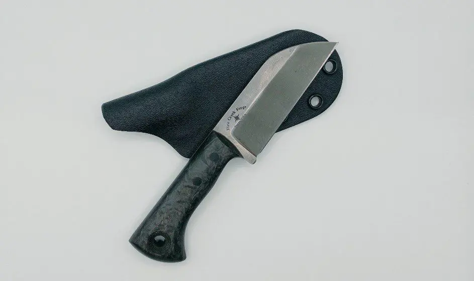 Fire Creek Forge Buckthorn Wharncliffe with Dark Matter carbon glow handle, knife and sheath