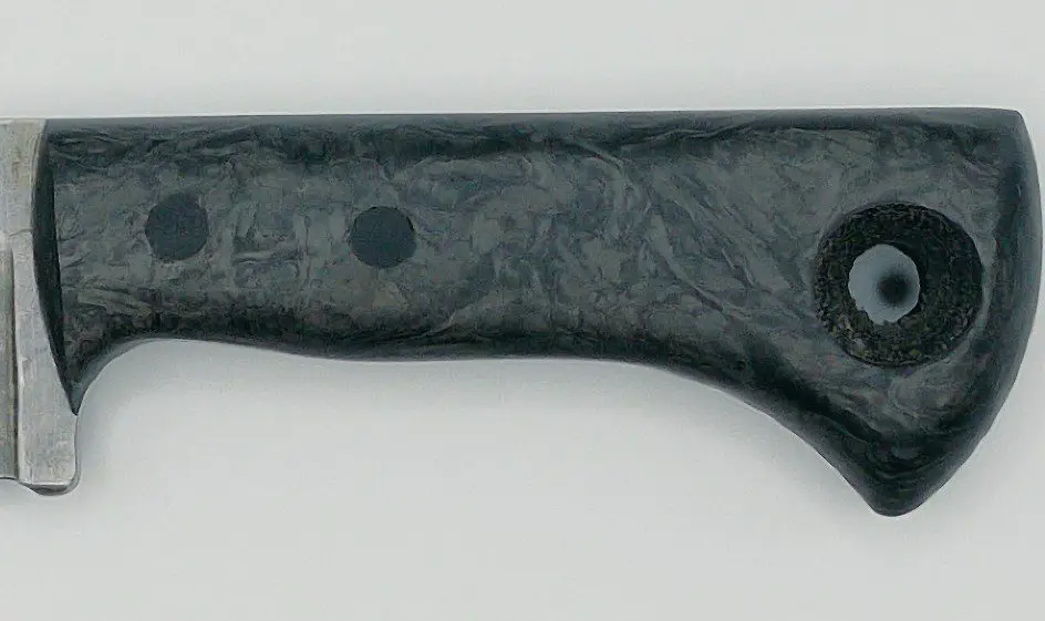 Dark Matter carbon glow composite handle detail on Fire Creek Forge Buckthorn Wharncliffe