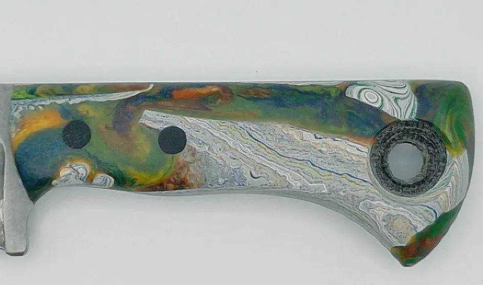 Fordite resin composite handle on Fire Creek Forge Buckthorn Wharncliffe knife