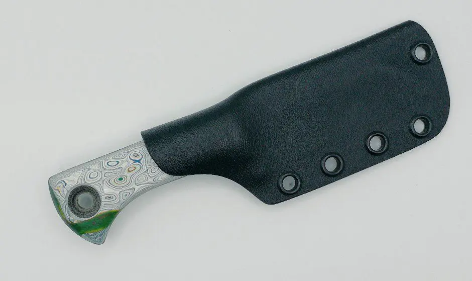 Fire Creek Forge Buckthorn Wharncliffe knife with fitted black sheath