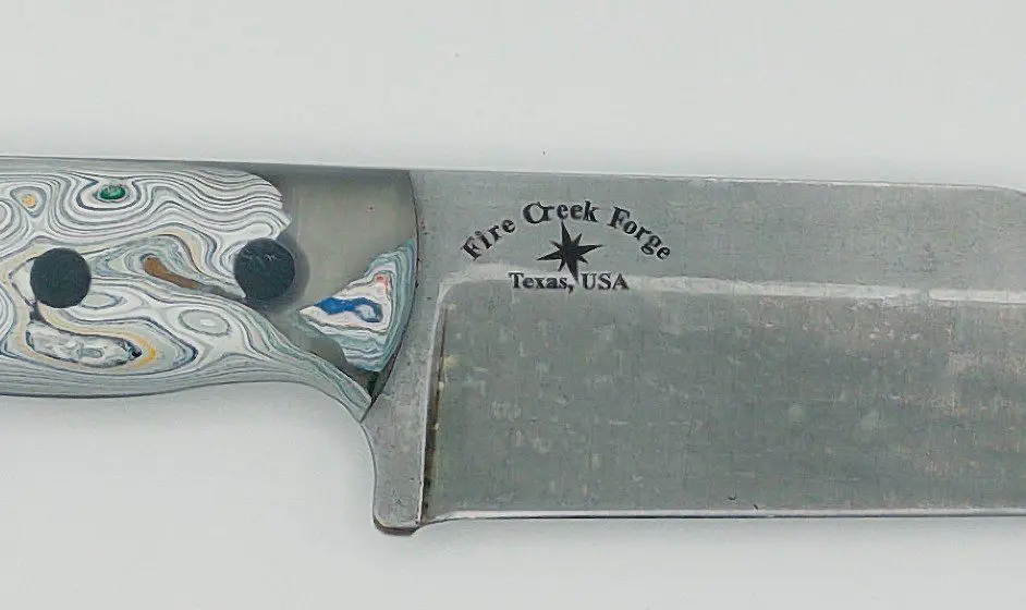 Fire Creek Forge Texas USA maker stamp on Buckthorn Wharncliffe blade