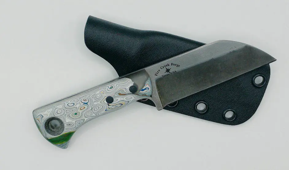 Fire Creek Forge Buckthorn Wharncliffe knife and sheath, full view