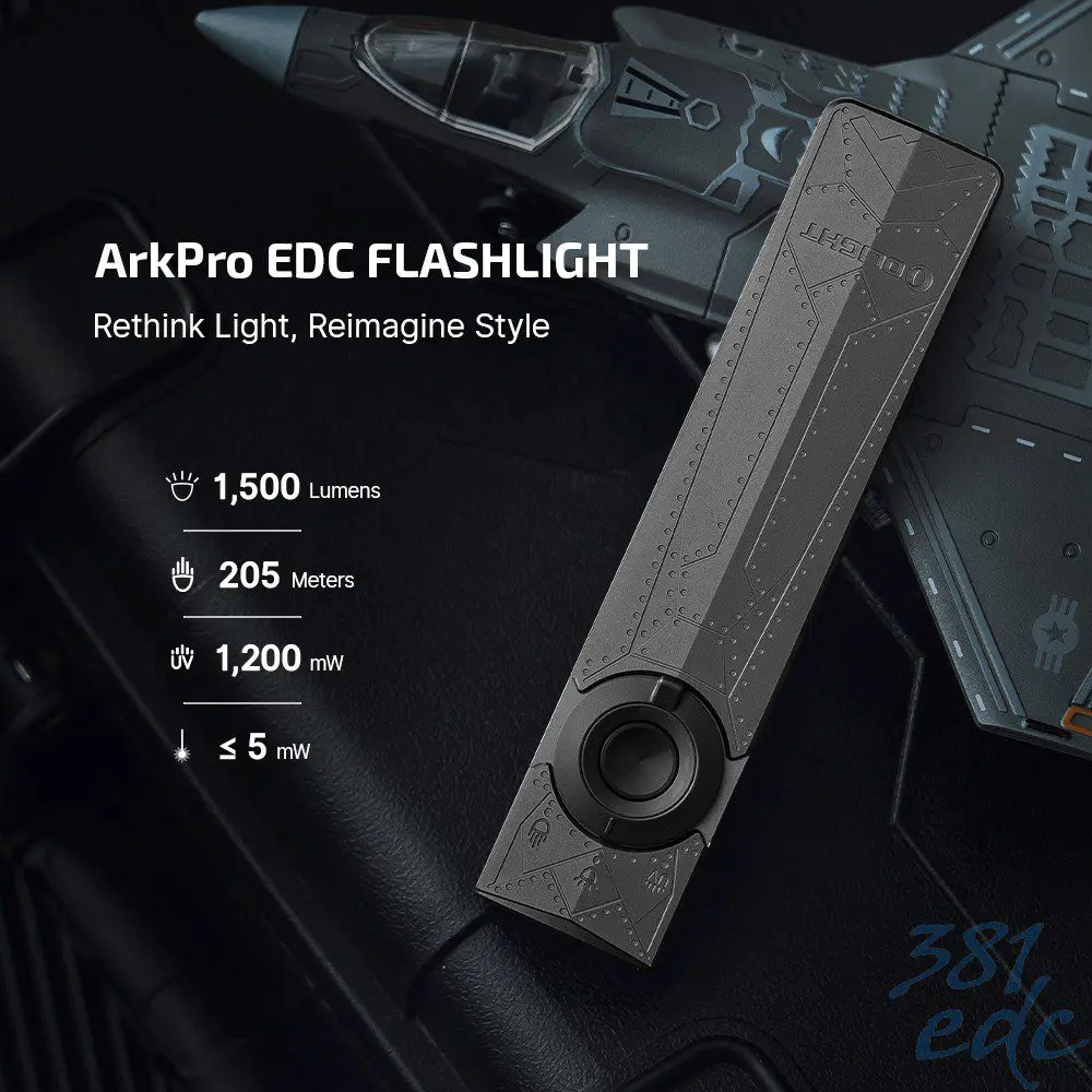 Olight ArkPro Phantom Squadron flashlight with fighter jet — 1500 lumens, 205 meter spotlight, 1200mW UV, and green laser