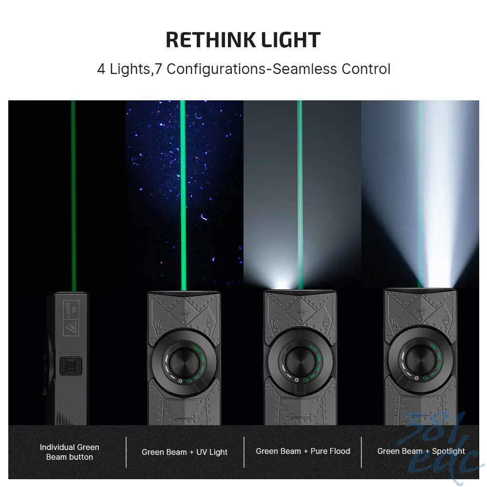 Olight ArkPro four light sources and seven configurations — individual green beam, green beam plus UV, flood, and spotlight