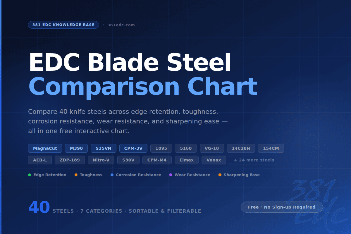 381EDC blade steel comparison chart — 40+ knife steels including MagnaCut, M390, S35VN, CPM-3V, 1095 and VG-10 rated for edge retention, toughness, corrosion resistance and sharpening ease