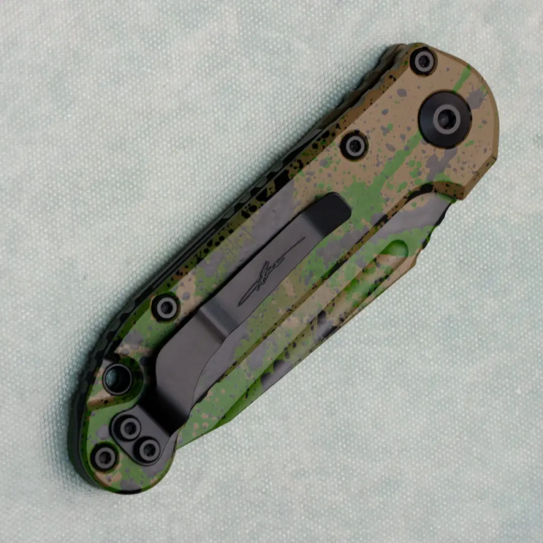 Microtech LUDT Gen III T/E pocket clip and back handle, Tan Smooth Chassis, Black OD Green splatter