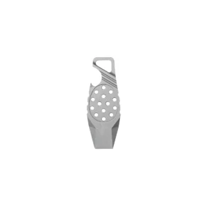 Metal kitchen grater with a handle and holes for fine grating.