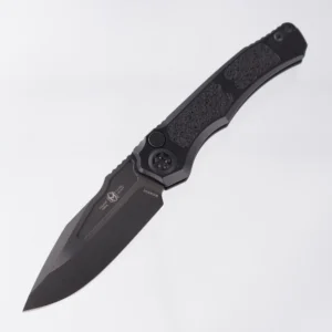 Black folding knife with a textured handle and sharp blade.