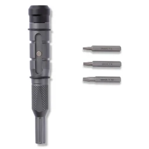 Compact multi-bit screwdriver with three interchangeable bits.