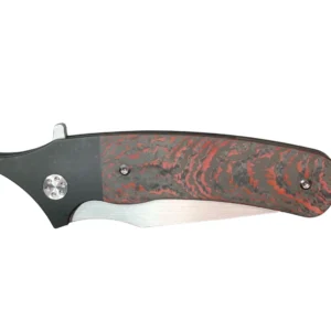 A folding knife with a dark handle and a partially serrated blade.