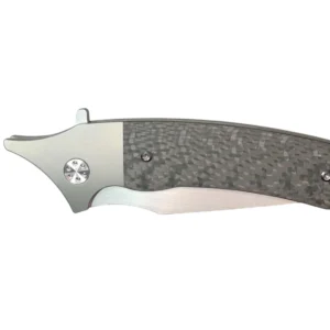 A sleek folding knife with a carbon fiber handle and polished metal blade.