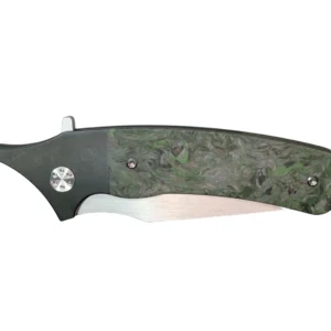 A folding knife with a textured green handle and a sharp blade.
