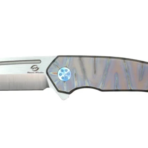 A sleek folding knife with a wood-grain handle and a sharp stainless steel blade.