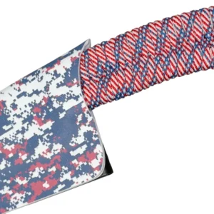 Close-up of a knife handle with a patterned grip and camo blade.