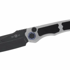 A sleek folding knife with a black blade and silver handle.