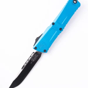 Blue-handled folding knife with a black blade.